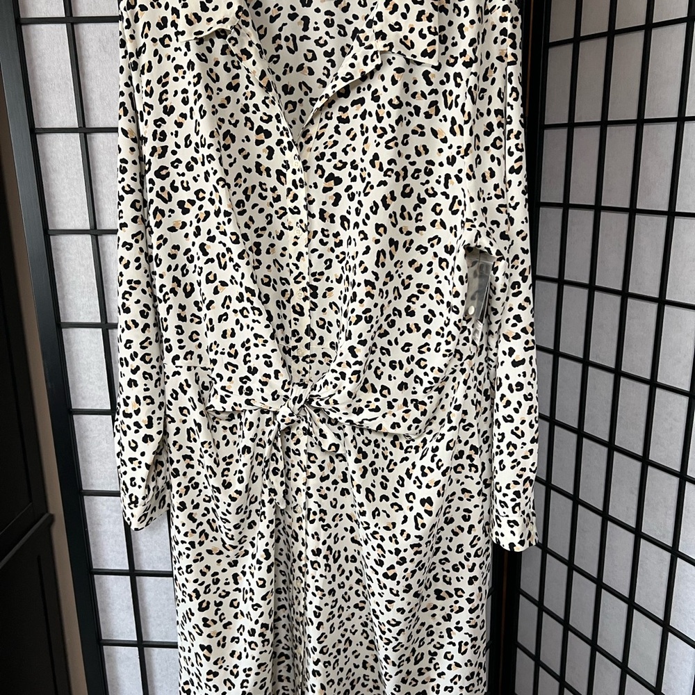 Nine West Black and White Leopard Print Long Sleeve Dress